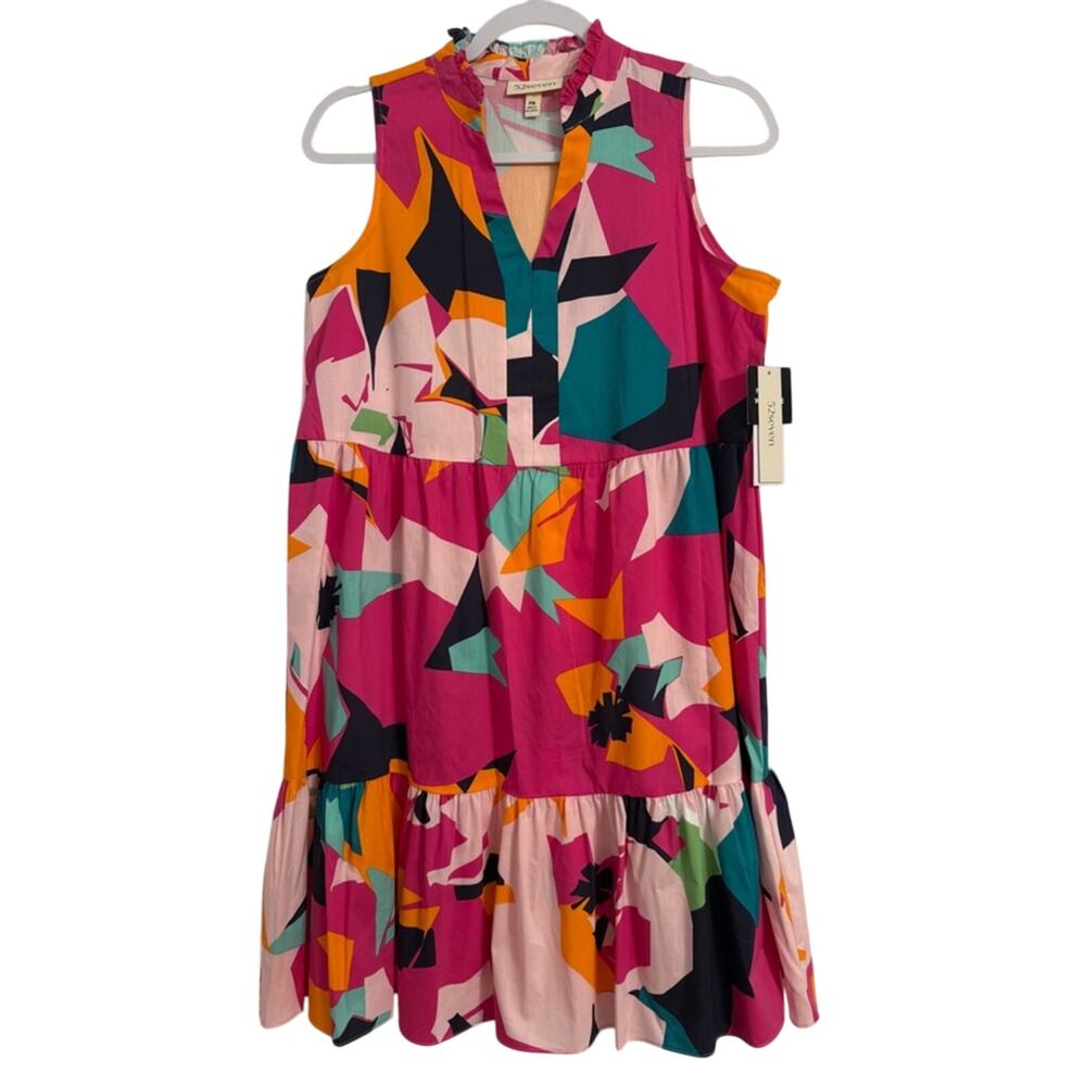 52Seven NWT Women's M Colorful Abstract‎ Art High V-Neck Ruffle Babydoll Dress